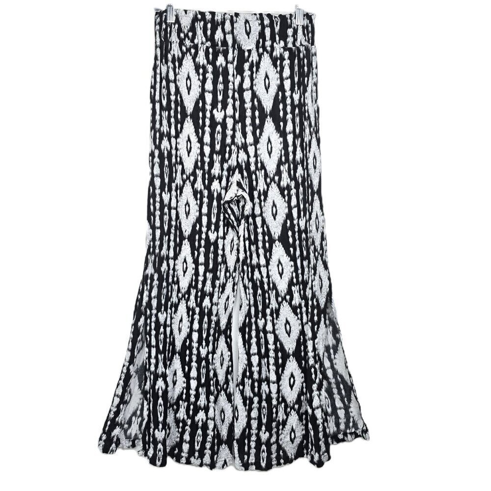 Womens Black Whie Aztec Navajo Argyle Ikat Wide Leg Pull ON Flowy Pants